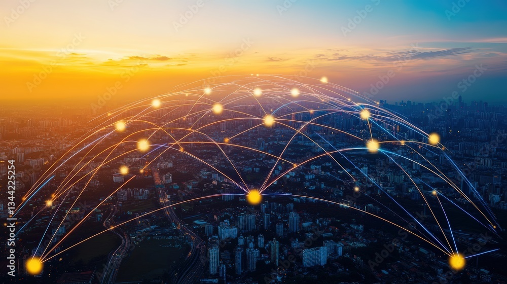 Poster panoramic cityscape sunset view with glowing network of interconnected nodes symbolizing global comm