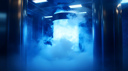 Futuristic cryogenic chamber emitting cold vapor in a high-tech laboratory