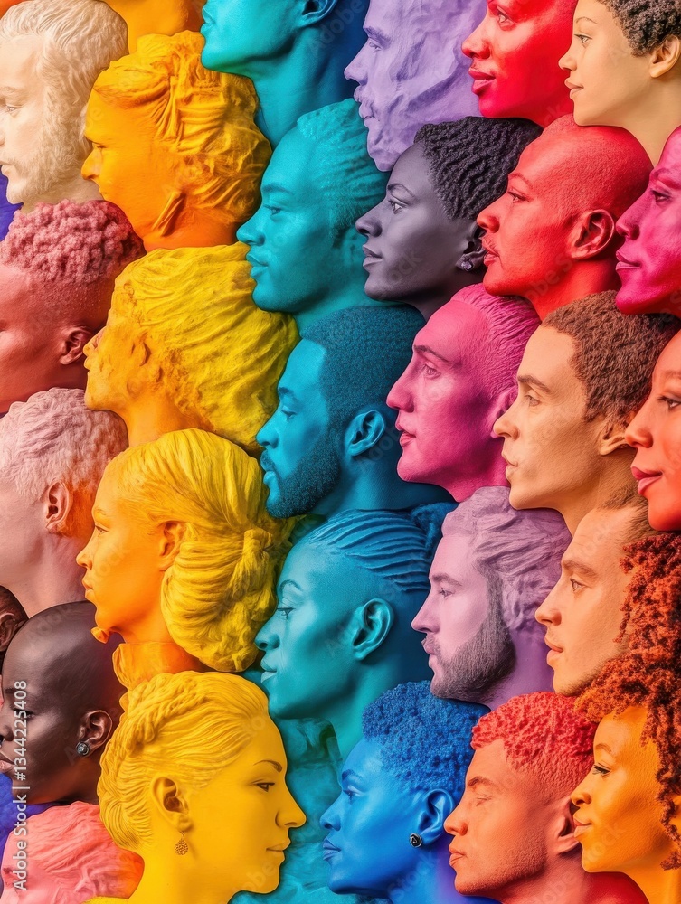 Poster diversity in unity: a multi-colored array of human profiles, representing cultural diversity and uni