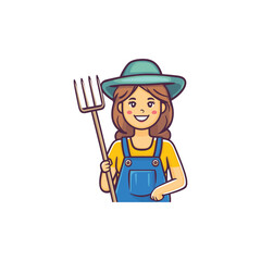Vector Illustration of a Cartoon Character Holding a Pitchfork, Wearing Green Hat and Blue Overalls