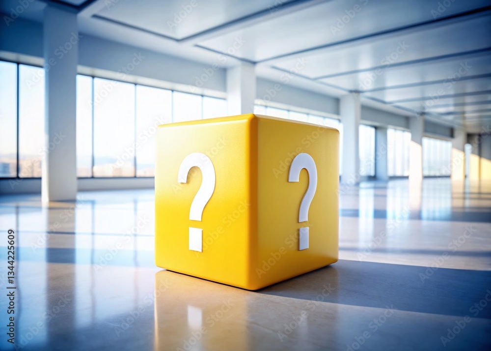 Poster minimalist yellow cube with white question mark - abstract architectural concept