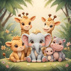Naklejka premium Adorable Jungle Family Gathering with Baby Elephant, Giraffes, Lion, and Hippo in a Serene Forest Setting