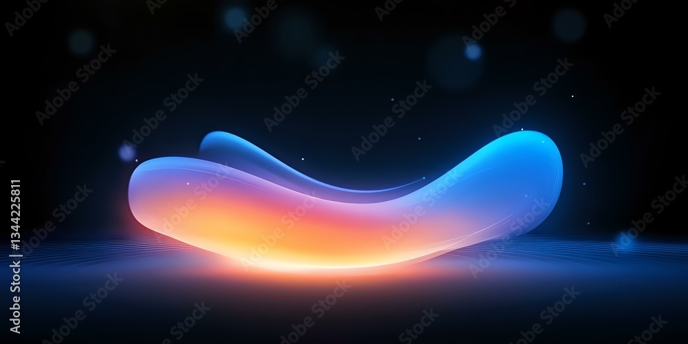 Poster glowing abstract curved shape with blue and orange gradient floating in dark space, illuminated from