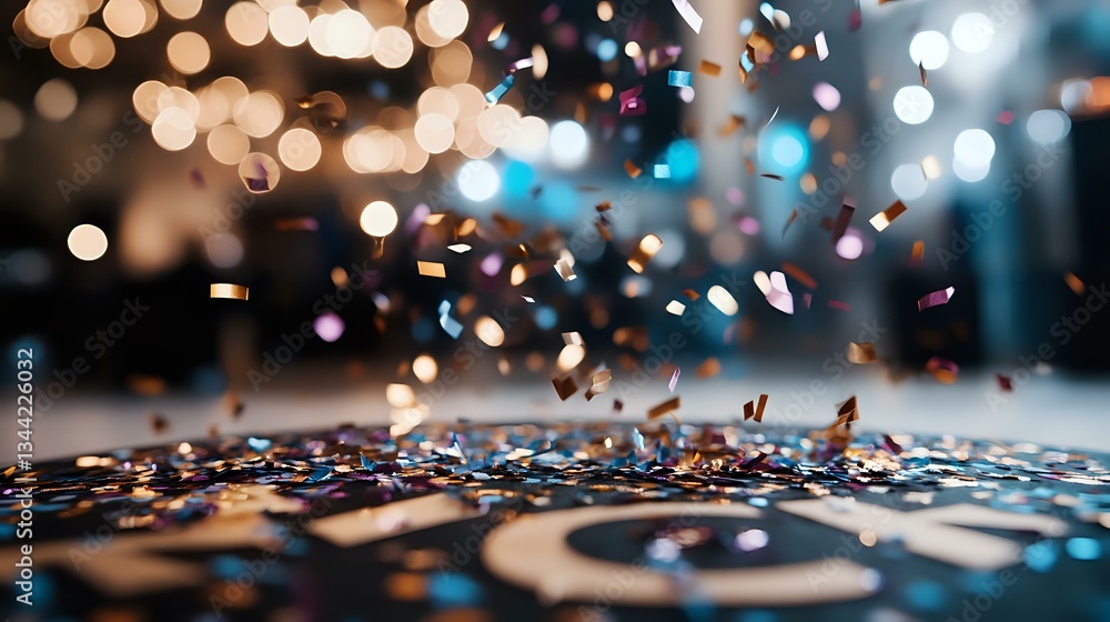 Aufkleber scattered metallic confetti on dark surface with blurred bokeh lights creating festive atmosphere. m
