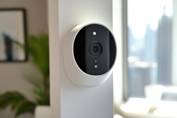 Modern smart security camera on wall with natural lighting and negative space on right