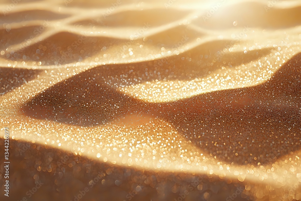 Poster shimmering golden sand dunes with sparkling particles creating abstract waves and patterns in warm s