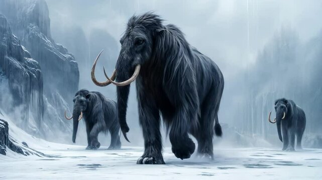 Ice age mammoths walk in the snow and beautiful winter mountain landscape