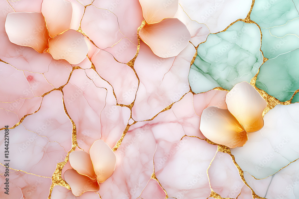Poster delicate pink and green floral patterns intertwine with golden veins, creating stunning abstract bac