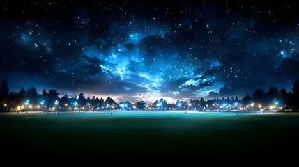 Fototapeten Starry Night Sky Over a Peaceful Park Landscape with Illuminated Trees and Distant Horizon © Bintang
