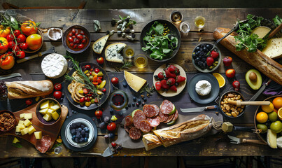 A gourmet assortment of cheeses, fruits, bread, and wine on a rustic wooden table...