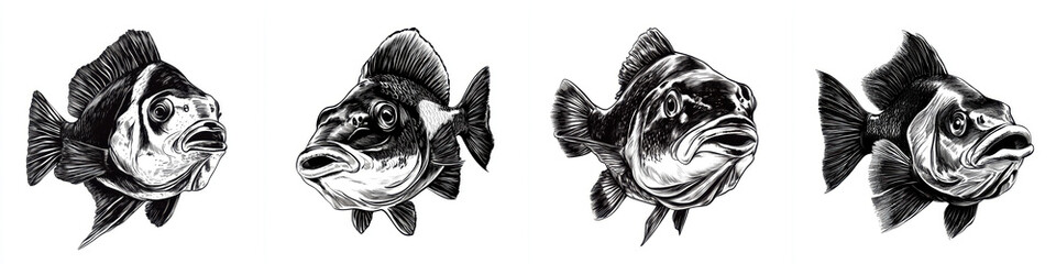 detailed pencil drawing of various triggerfish, showcasing their unique features and expressions in black and white