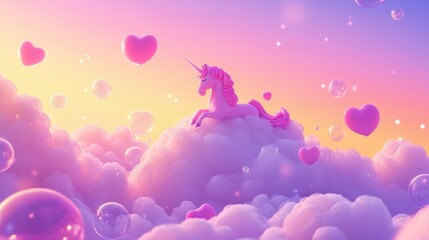 Fototapeta premium Dreamy pastel unicorn resting on fluffy clouds with hearts and bubbles