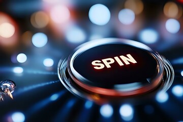 Black spin button with glowing red and blue bokeh lights in background, close-up macro photography showing reflective surface and dramatic lighting effects.