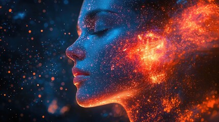 Ethereal portrait of a woman with cosmic elements, glowing particles, and vibrant colors