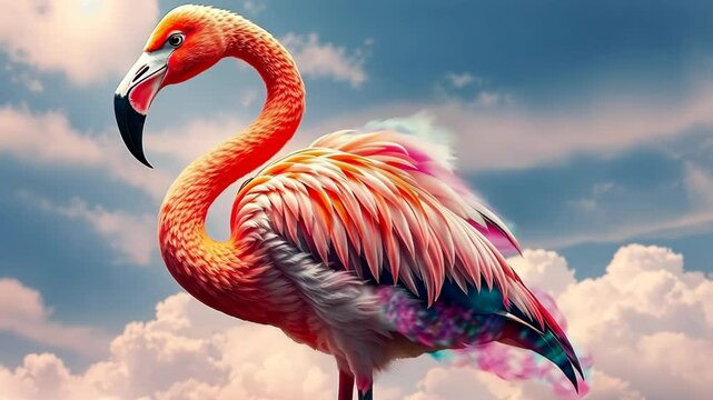 Vibrant Pink Flamingo with Colorful Feathers Against a Cloudy Sky Digital Painting