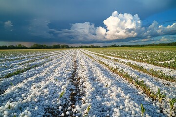Field covered with hailstones after a storm. Crops damaged after severe weather. Dark storm clouds over a field after hail. Damaged agriculture after weather event.