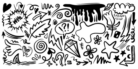 Hand drawn marker simple elements set. Doodle pen signs and effects. thunderbolt, star, cloud, diamond, heart, floral objects. Decorative pencil curved symbols and shape.
