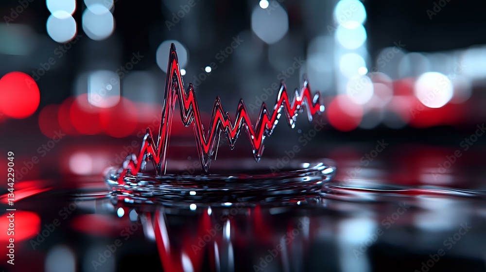 Poster liquid crown splash forming graph-like peak with red and blue bokeh lights background creating drama