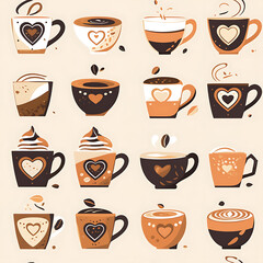 Fototapeta premium seamless pattern Realistic and artistic illustrations of coffee beans, brewing equipment, coffee cups for background or wallpaper