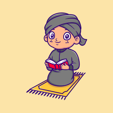 cute muslim boy cartoon sitting and reading the quran
