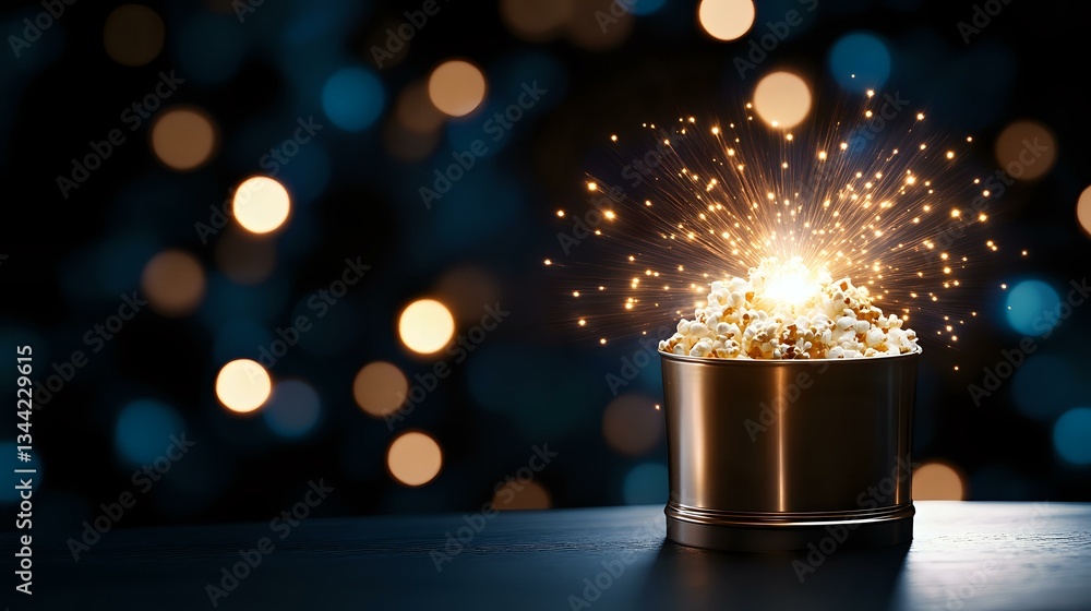 Poster glowing sparkler in metallic container against dark background with blurred bokeh lights creates mag
