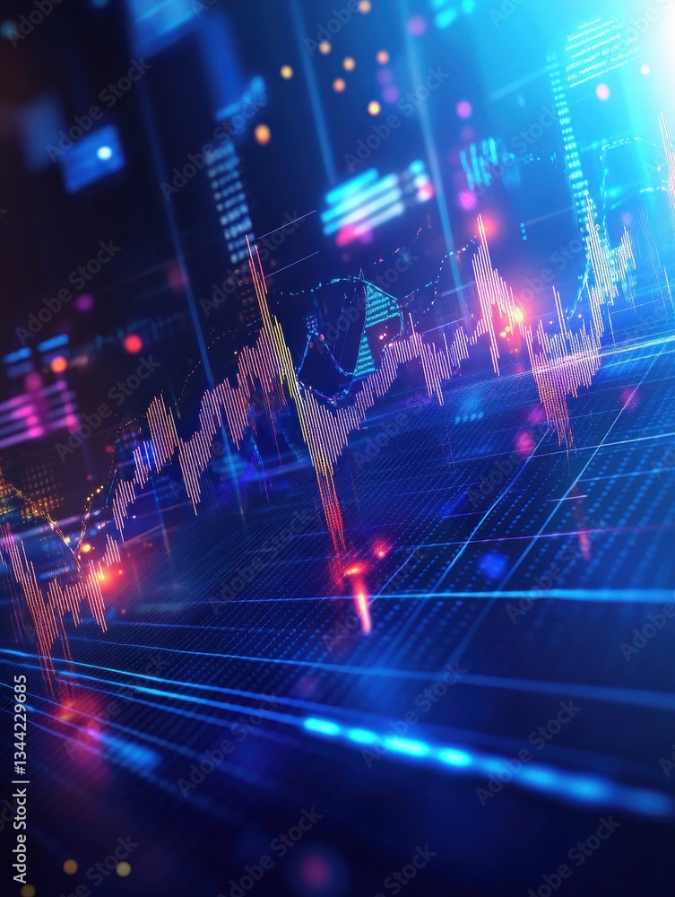 Poster dynamic financial chart with fluctuating graphs and glowing elements on a blue background