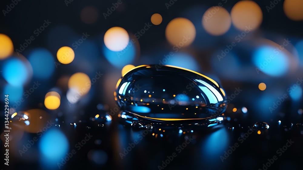 Poster large water drop on dark surface reflects blue and golden bokeh lights creating magical macro photog