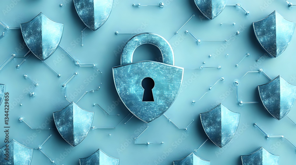 Poster metallic padlock security concept in blue tones with connected network pattern background showing da