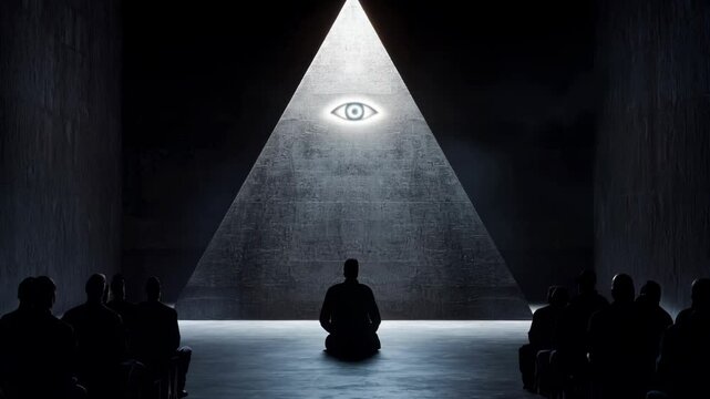 Illuminated pyramid with all-seeing eye symbol against dark background with silhouette audience. Mystical illuminati concept. Secret society and conspiracy theories. Documentaries, mystery books