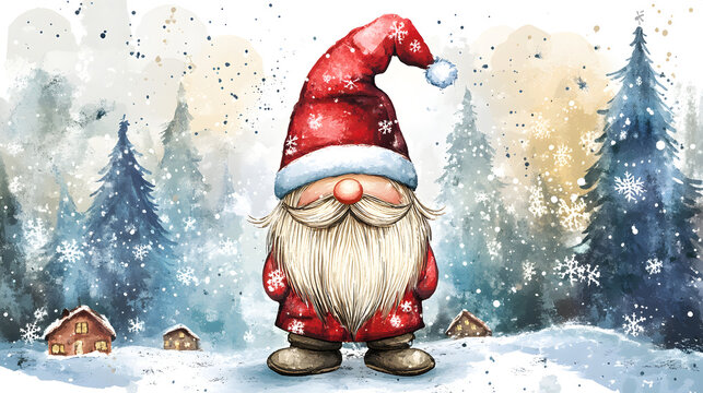 Watercolor Scandinavian Gnom for Christmas Cartoon Vector Illustration