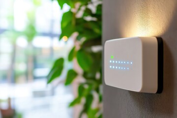 Smart surge protector on wall with soft daylight and space above