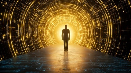 Time warp future parallel. A silhouette stands at the entrance of a luminous tunnel, symbolizing exploration and discovery in a futuristic landscape.