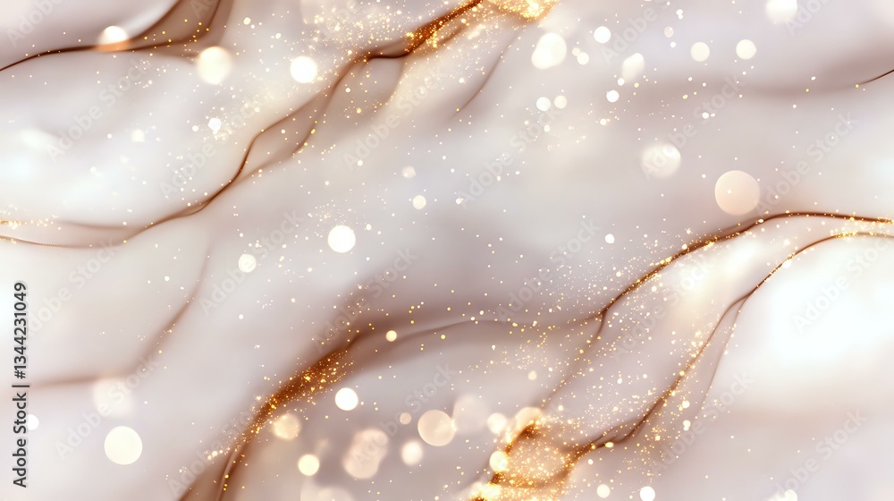 Poster luxurious marble texture with gold veins and glowing bokeh effect on cream background. elegant abstr