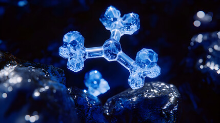 Stunning close-up of a crystalline molecular structure, glowing blue, resting on dark, textured rocks.  A mesmerizing image perfect for scientific or artistic projects.
