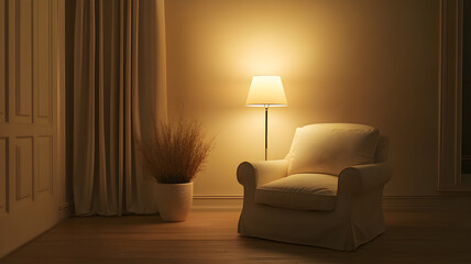 Minimalist room with soft beige walls, a cozy chair, and natural lighting