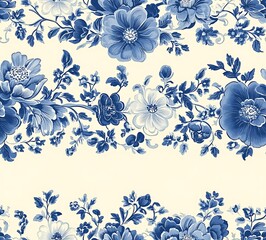 A blue and white vintage fabric seamless pattern with an elaborate floral design