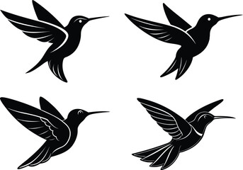 set of vector humming birds, set of birds silhouette, humming birds silhouette vector illustration on white background.