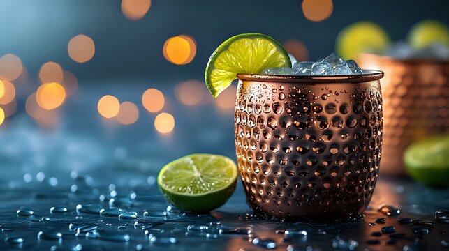 Copper Moscow mule cocktail with lime and ice in hammered mug on dark surface against blurred bokeh lights, refreshing drink photography.