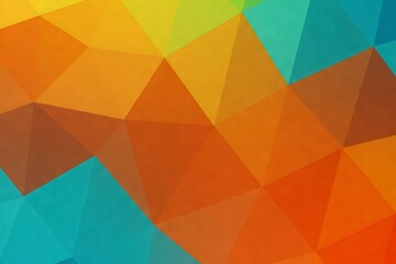 Vibrant geometric background with abstract polygons in warm shades of orange, yellow, and green, accented with blue hues. Modern, dynamic design with low poly texture