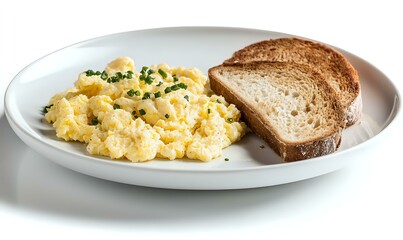 Creamy scrambled eggs garnished with fresh chopped chives served on white ceramic plate with toasted whole grain bread slice, breakfast setting.