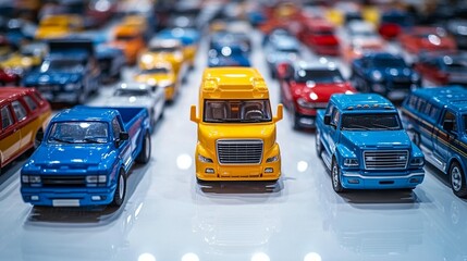 Close-up of colorful toy cars and trucks displayed on a white su