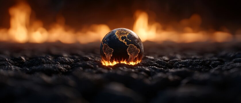 A fiery globe rests on dark lava, symbolizing Earth's vulnerability amid environmental challenges.