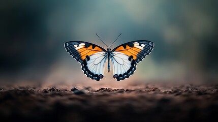 Obraz premium A butterfly poised mid-air, vibrant colors against a soft earth background