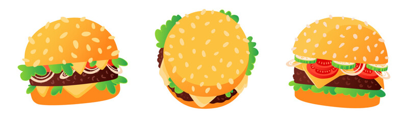 Set of big burgers with bun and sesame seeds, juicy patty, lettuce, tomatoes, cucumbers onions and cheese. Fast food, quick lunch concept, snacks. Cheeseburger, hand drawn vector isolated on white.