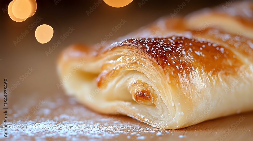 Poster freshly baked flaky pastry with powdered sugar dusting and layered dough texture captured in macro v