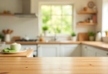 Generative AI Image of a bright and blurry kitchen background with a wooden table in the foreground.