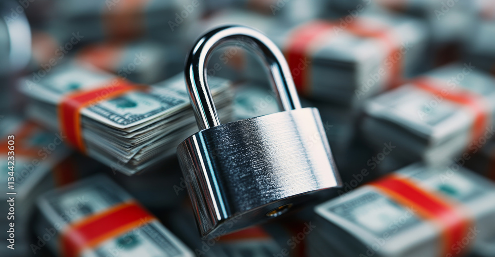 Aufkleber a metallic lock stands prominently on top of neatly stacked bundles of cash. this arrangement symbol
