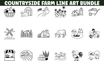 Countryside Farm Line Art Bundle Rural Scenes, Animals, and Harvest