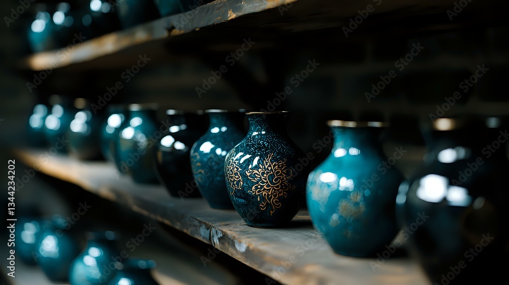 Aufkleber decorative turquoise ceramic vases with golden patterns displayed on wooden shelves in moody lightin