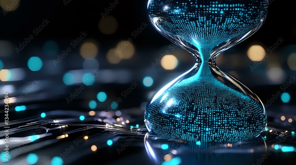Poster digital hourglass with glowing blue binary code pattern on dark background with bokeh lights, symbol